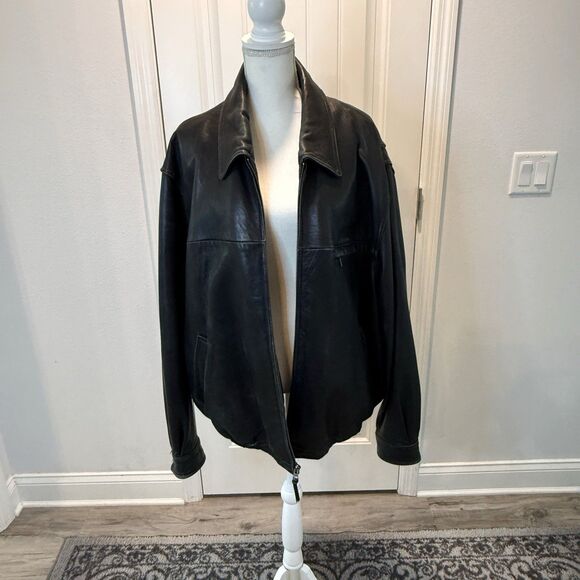 American Classics Men's Size XXL Black Leather Quilt Lined Bomber Jacket Pockets - Picture 2 of 16